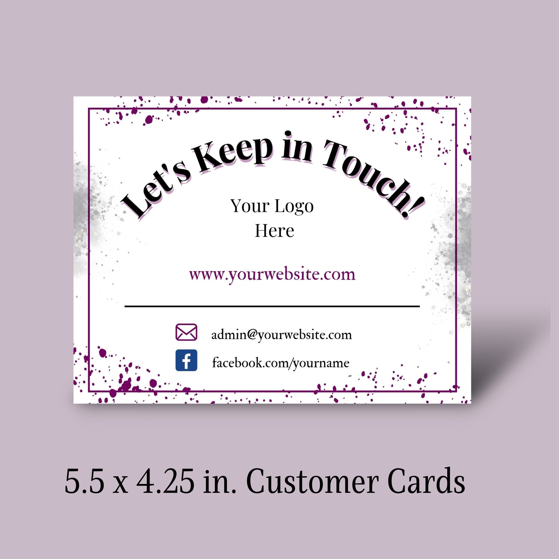 Customizable business card template with placeholder text on a light purple background