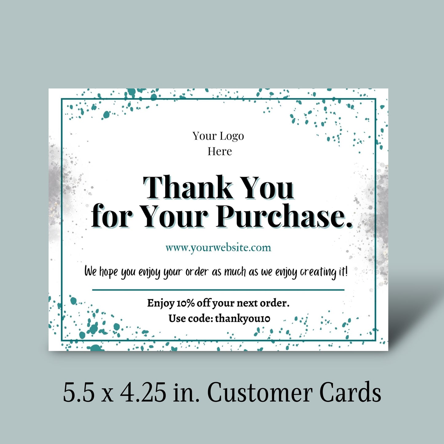 Promotional card with 'Thank You for Your Purchase' message on a gray background