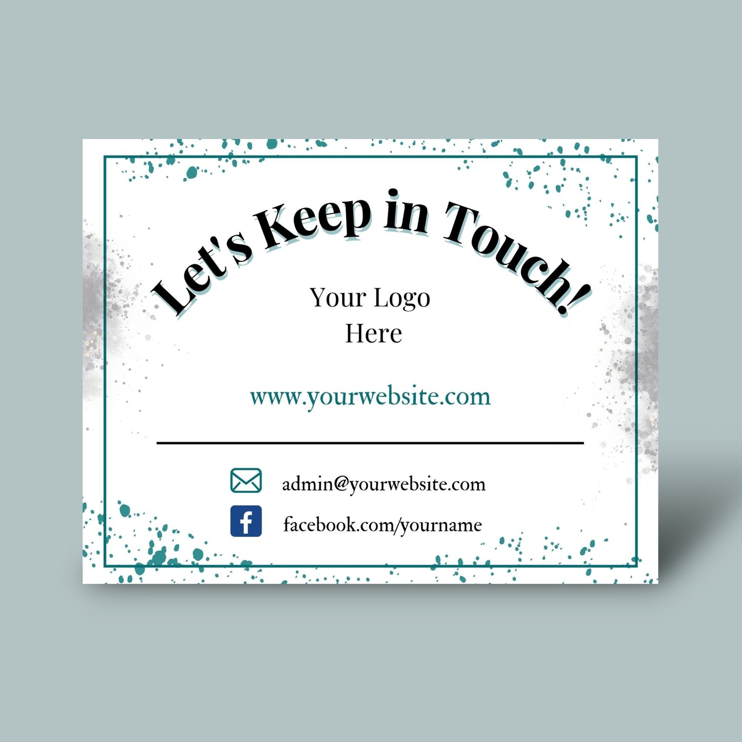 Design template for a contact card with placeholder text and customizable elements on a gray background.