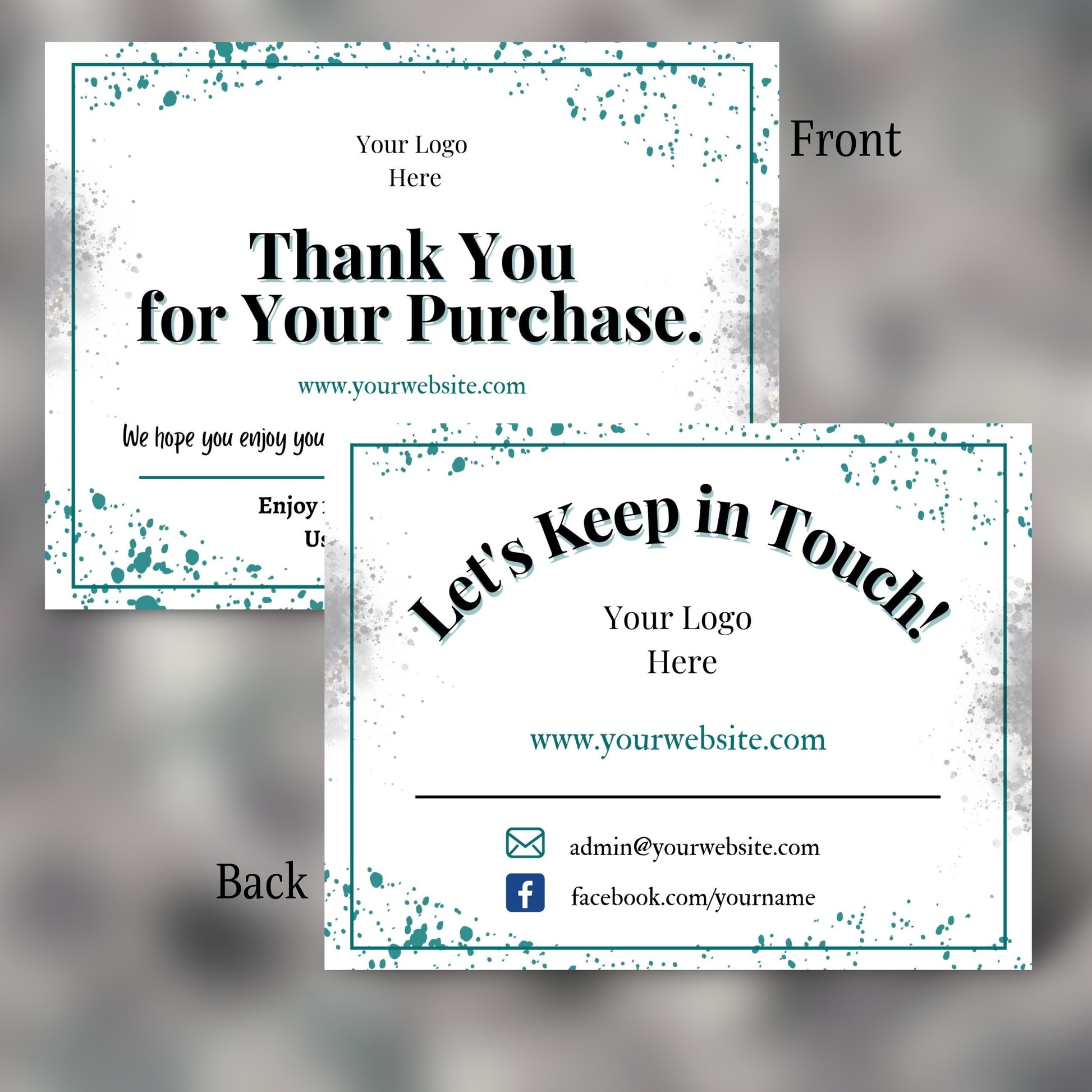 Two sides of a promotional card with contact information and branding placeholders.