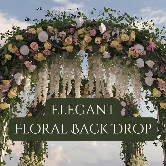 Floral arch with colorful flowers and greenery against a blue sky.