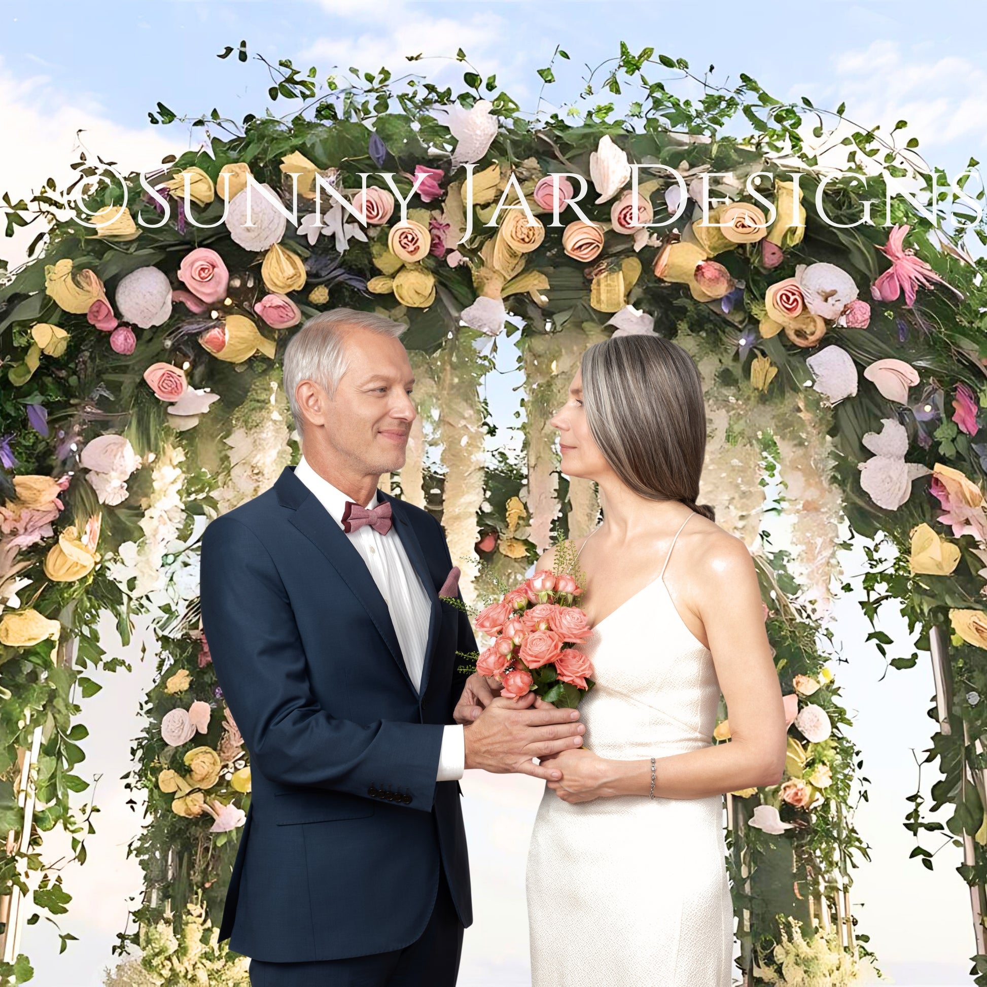 Couple standing under a floral arch with 'Sandy Jar Design' branding.