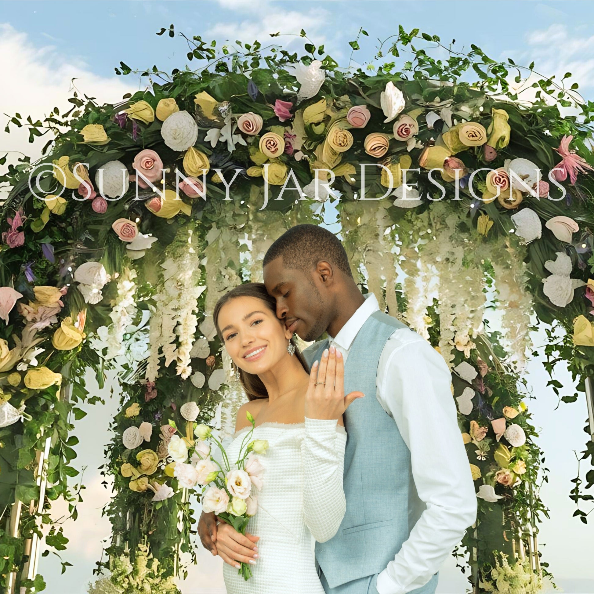 Couple standing under a floral arch with 'Sunny Jar Designs' branding.