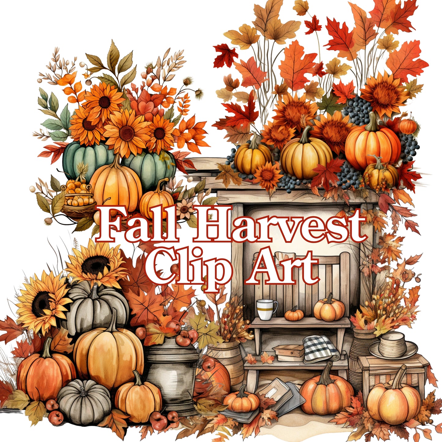 Illustration of fall harvest scene with pumpkins, sunflowers, and leaves.