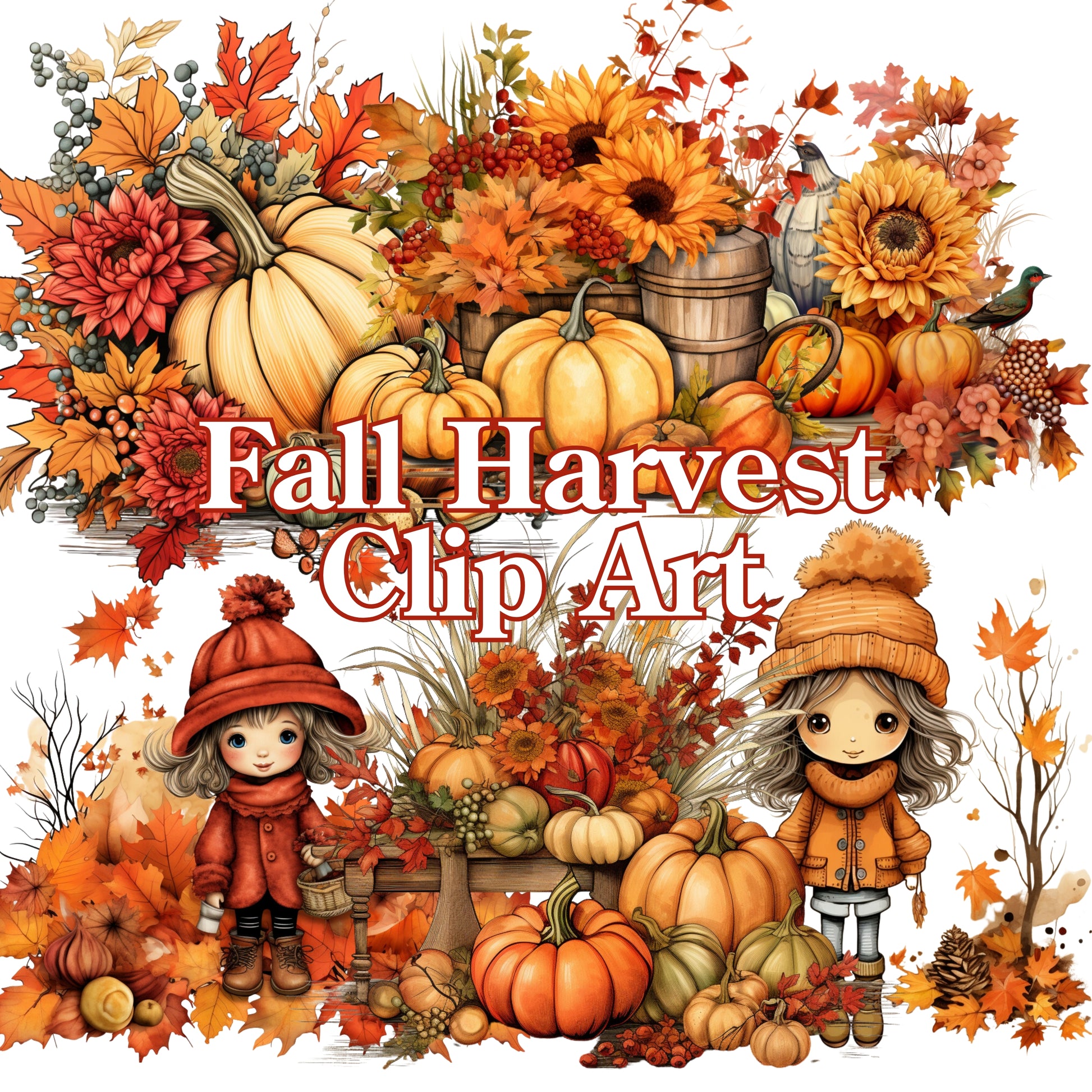 Fall Harvest Clip Art with pumpkins, leaves, and two cartoon children in autumn attire.