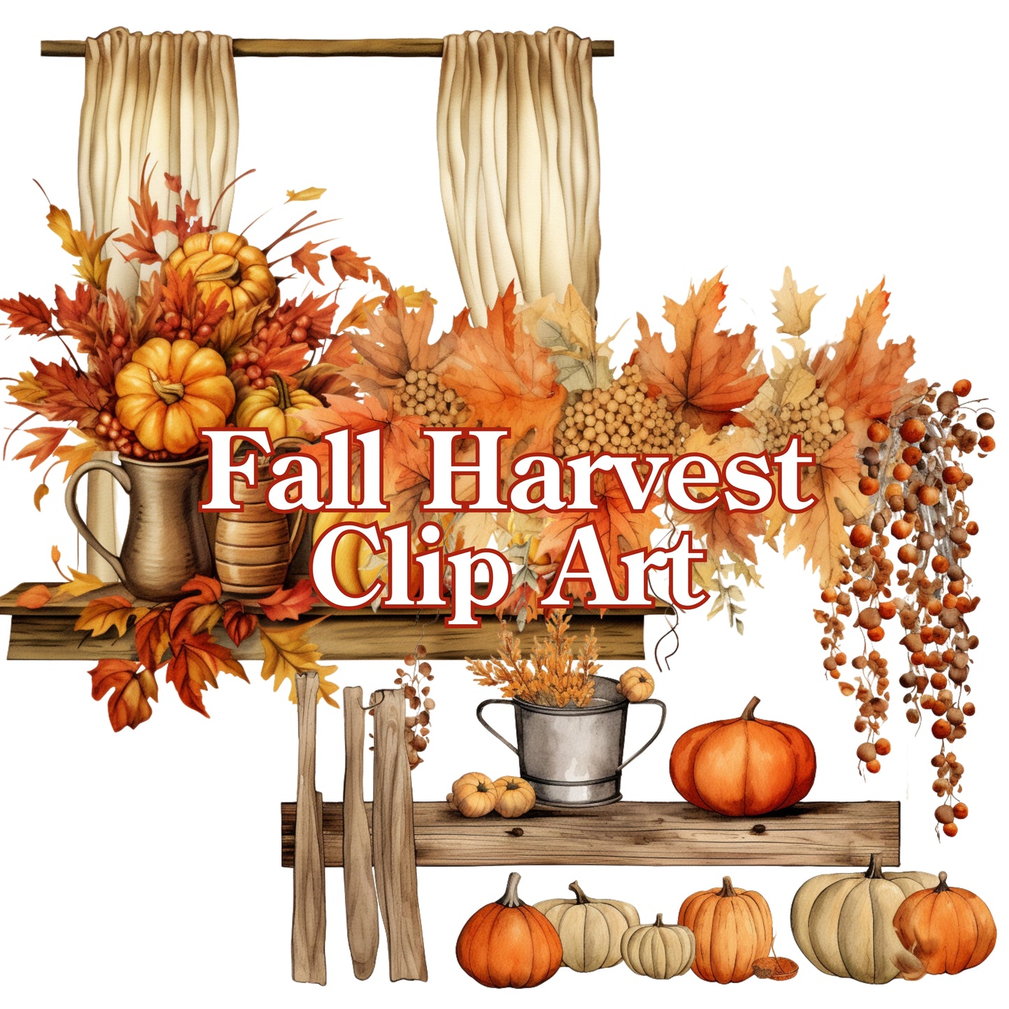 Decorative clip art with pumpkins, leaves, and mugs on a white background.