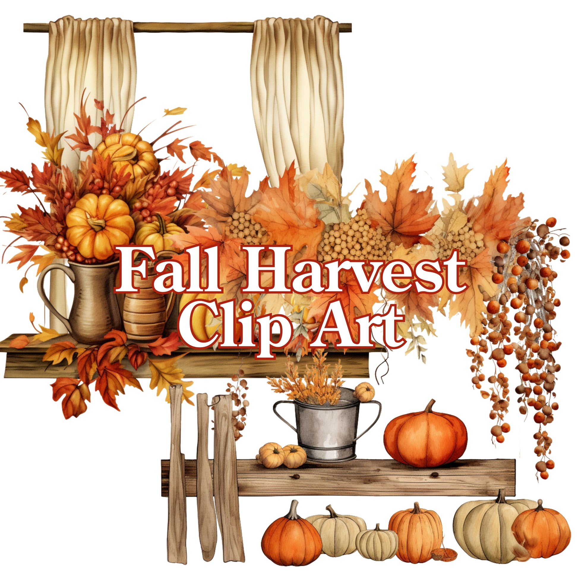 Decorative clip art with pumpkins, leaves, and mugs on a white background.