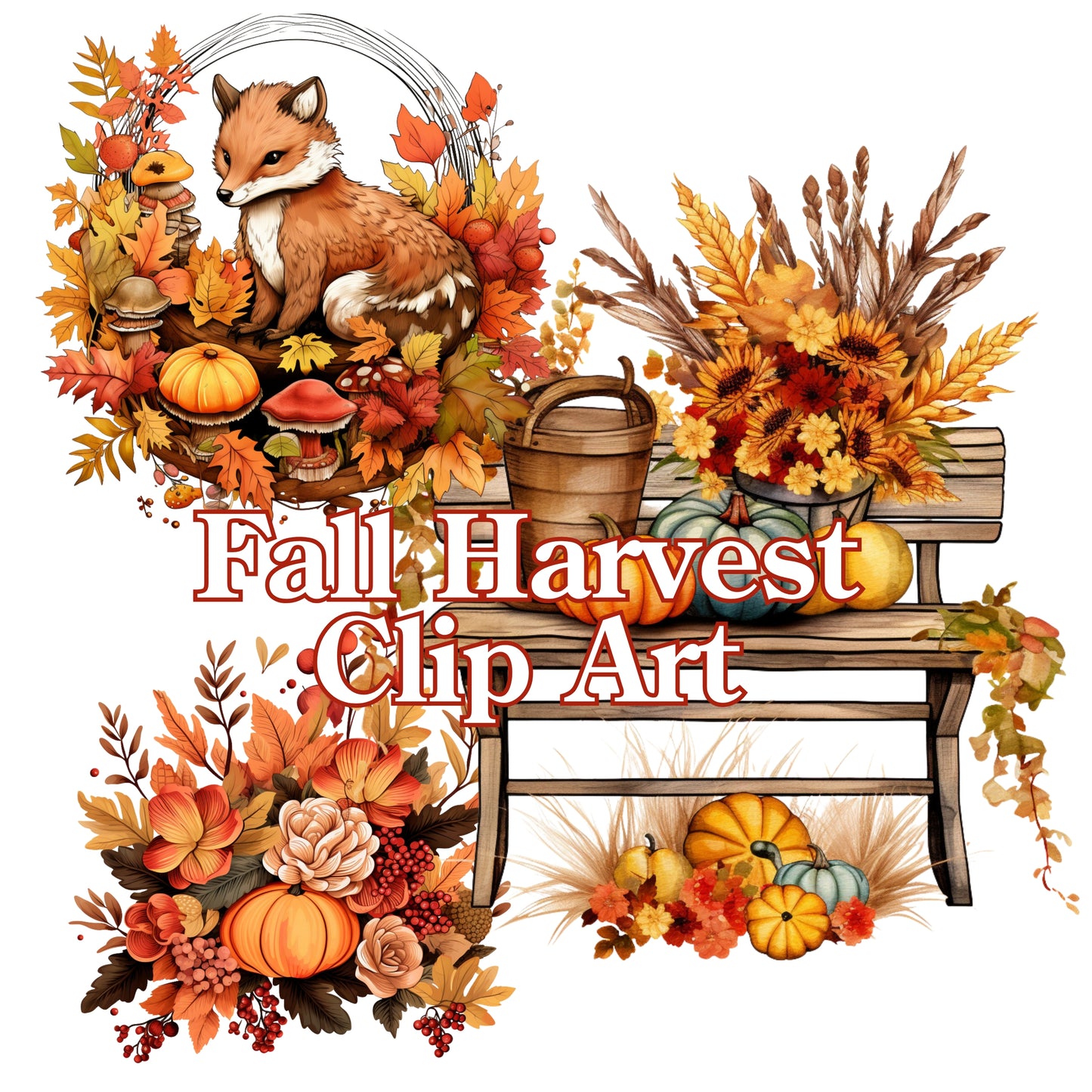 Fall Harvest clip art with a fox, pumpkins, and autumn leaves on a white background.