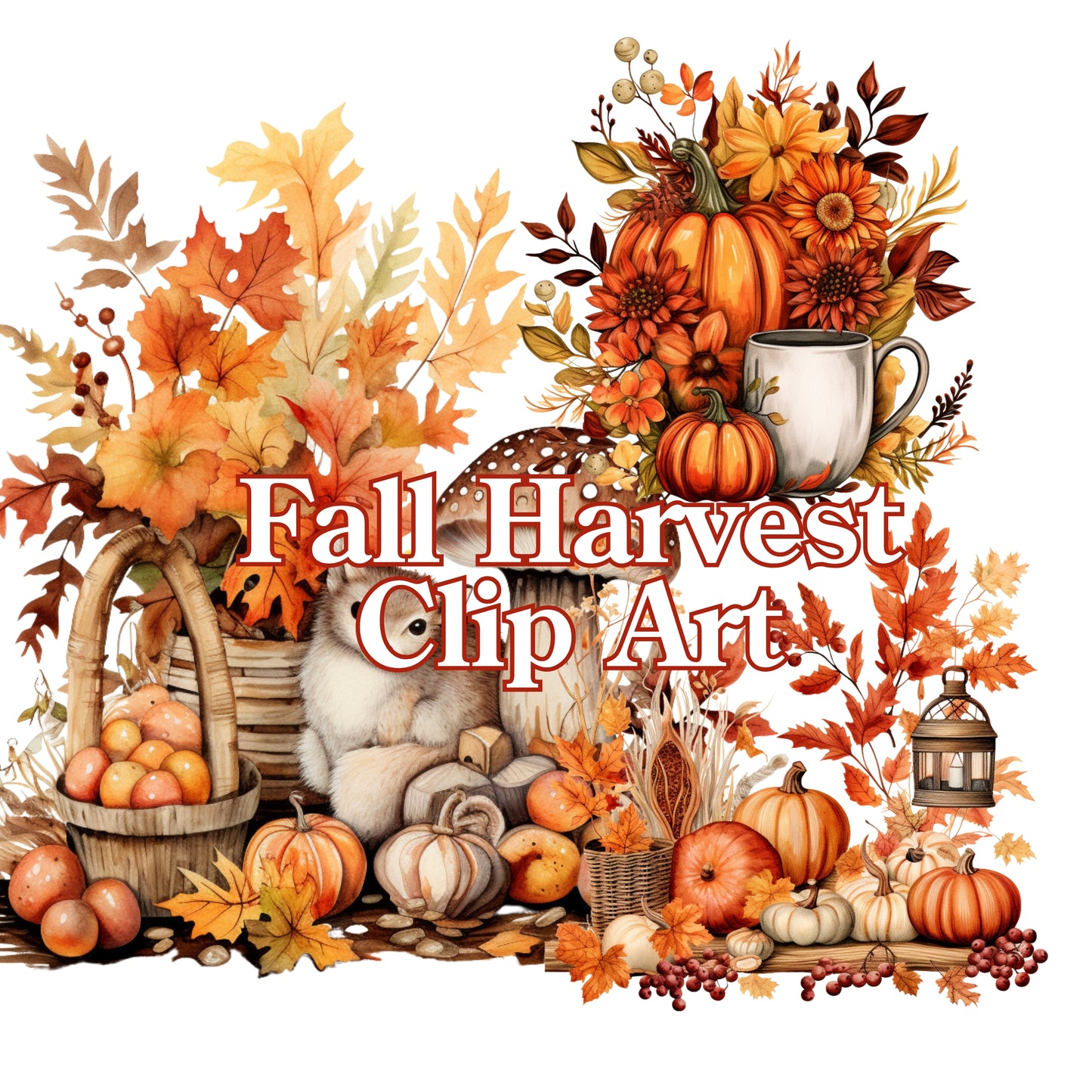 Fall Harvest Clip Art with pumpkins, leaves, and a cup on a white background