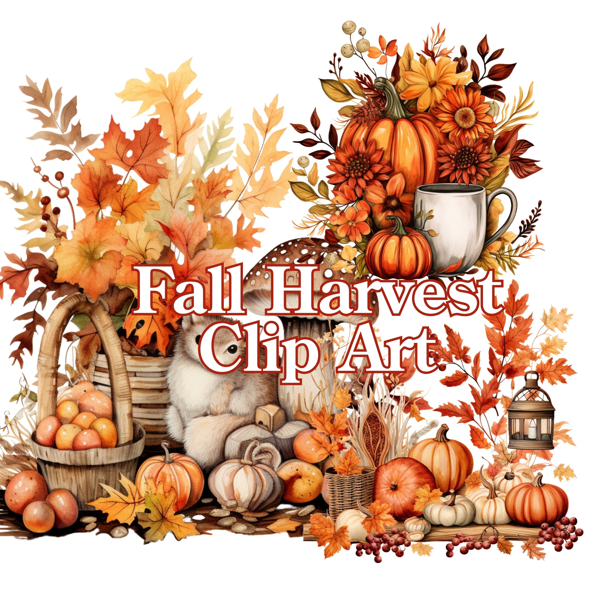 Fall Harvest Clip Art with pumpkins, leaves, and a cup on a white background