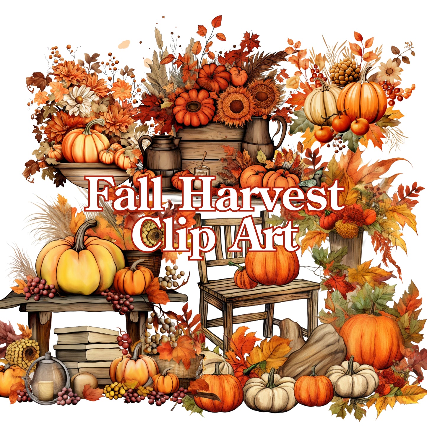 Fall Harvest Clip Art with pumpkins, leaves, and other autumn elements on a white background.