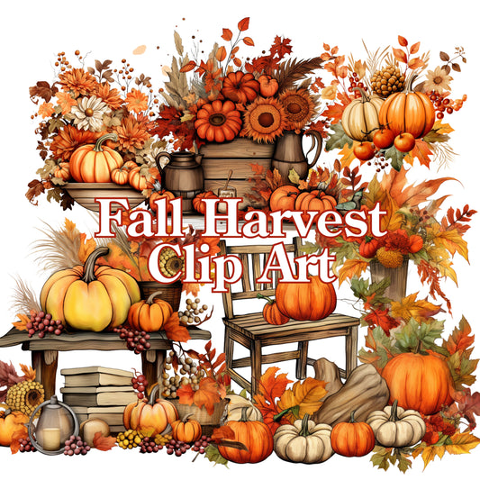 Fall Harvest Clip Art with pumpkins, leaves, and other autumn elements on a white background.