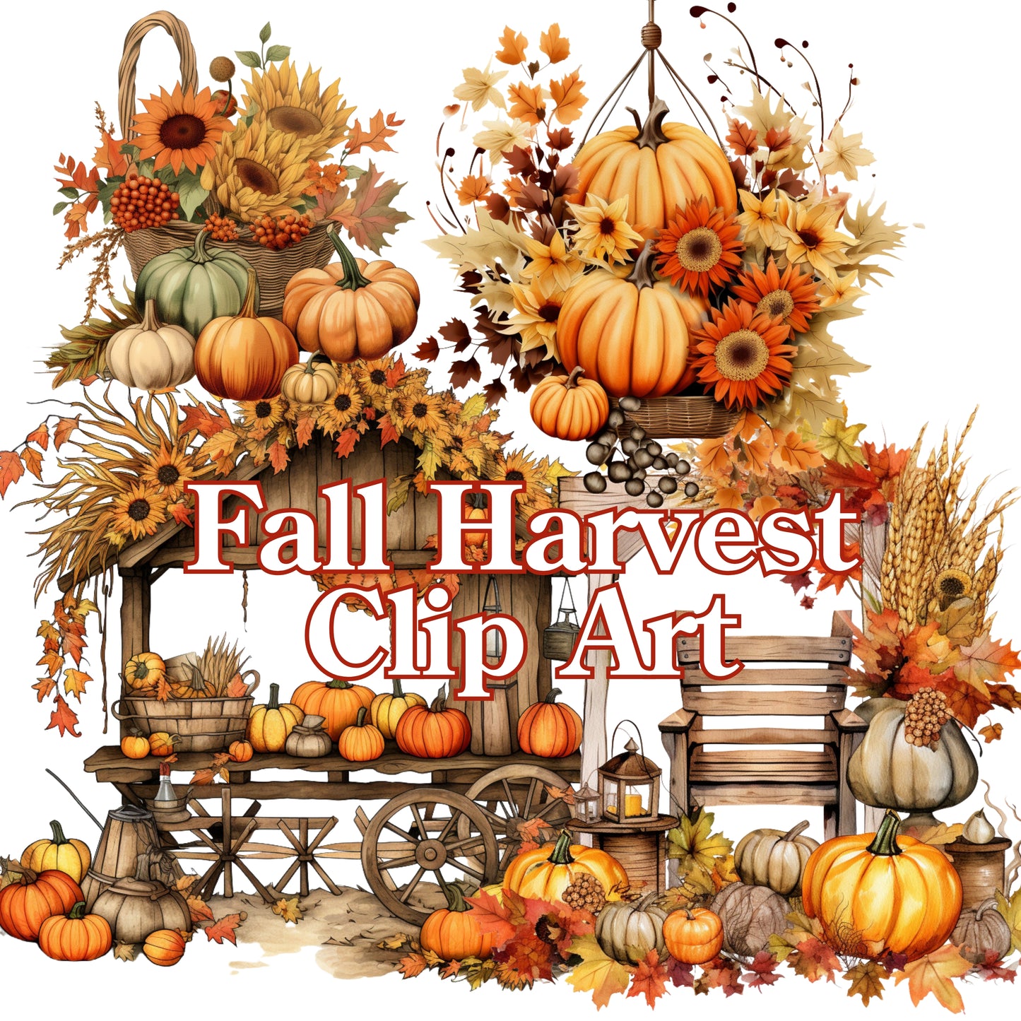 Fall Harvest Clip Art with pumpkins, sunflowers, and a cart on a white background
