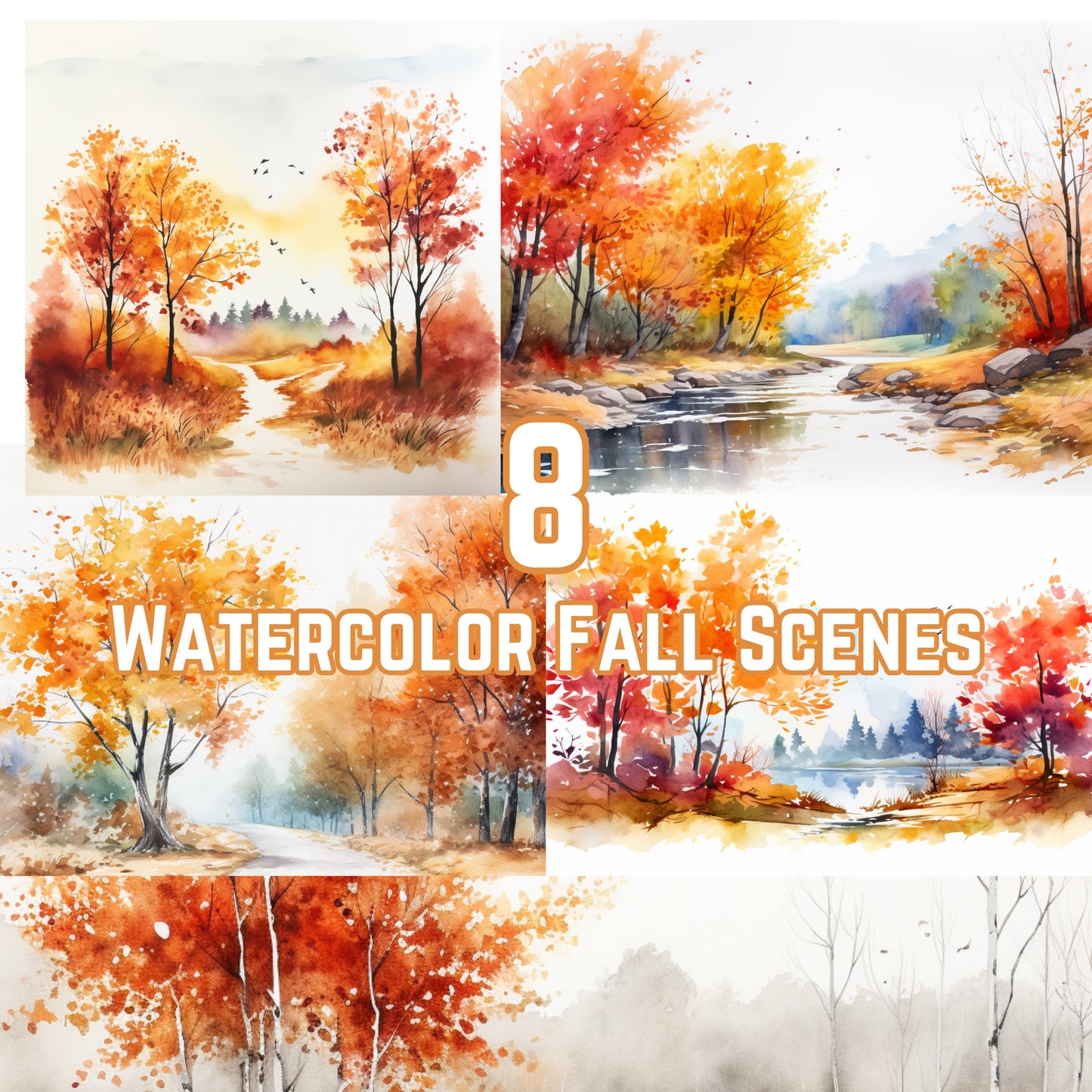 Collage of watercolor fall scenes with trees and landscapes.