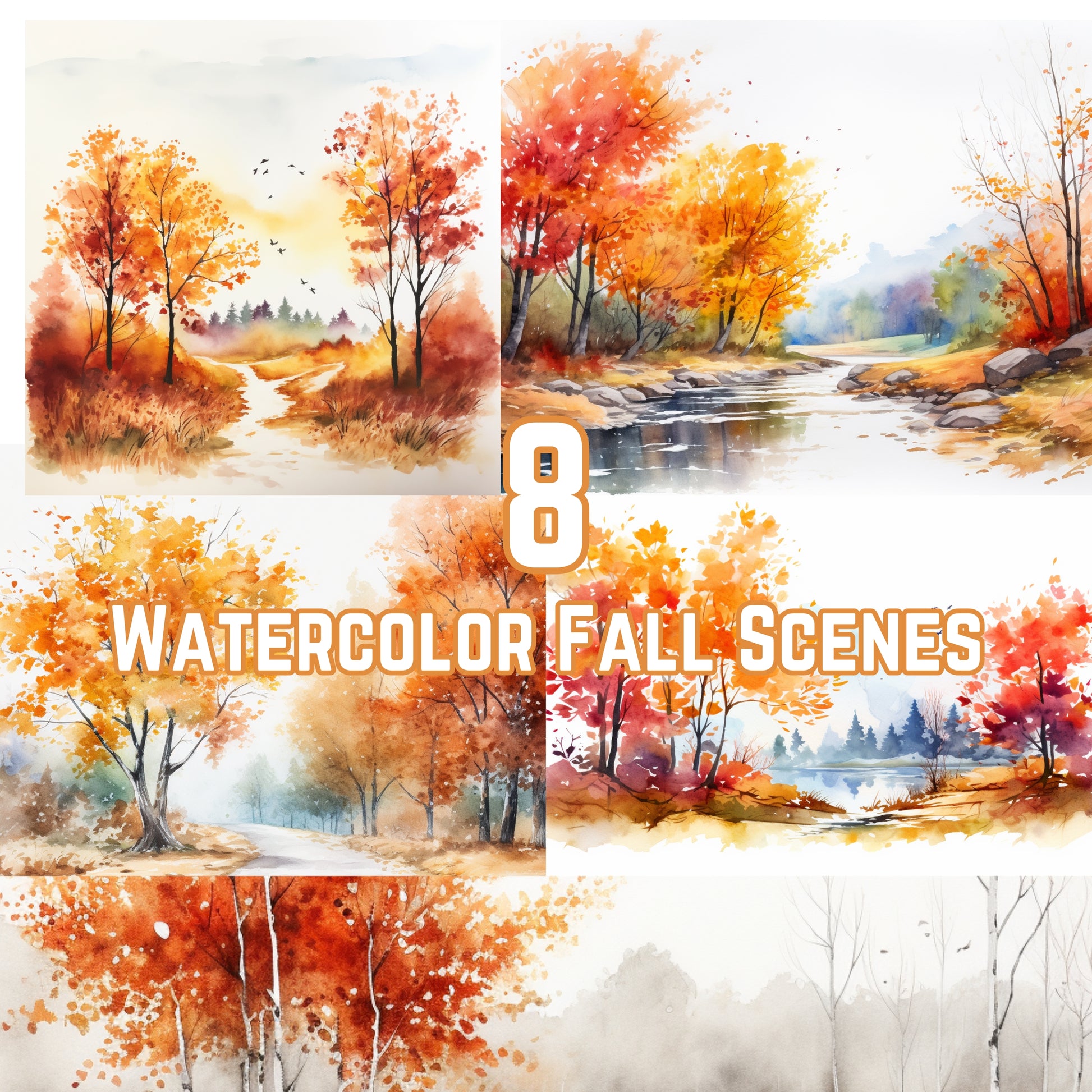 Collage of watercolor fall scenes with trees and landscapes.