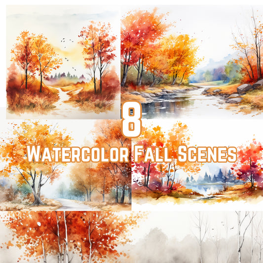 Collage of watercolor fall scenes with trees and landscapes.