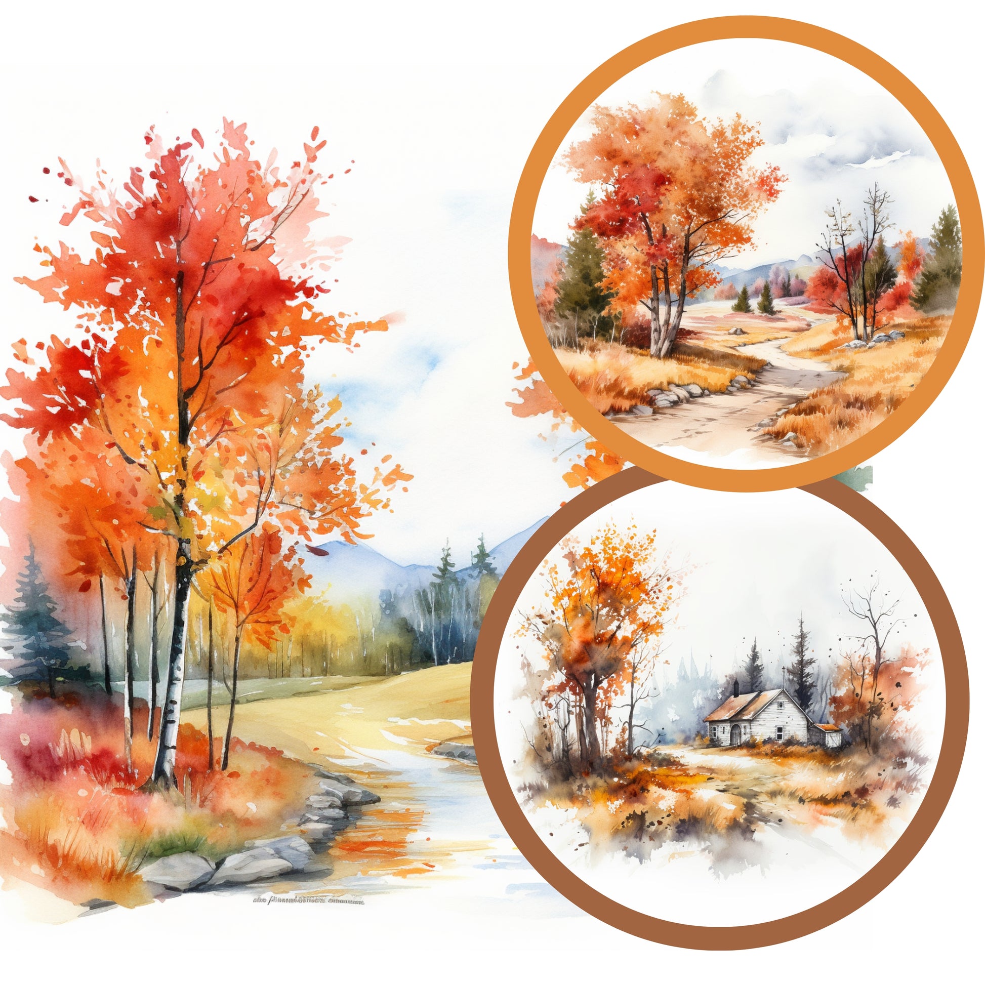 Autumn landscape with trees and a house, surrounded by circular insets.