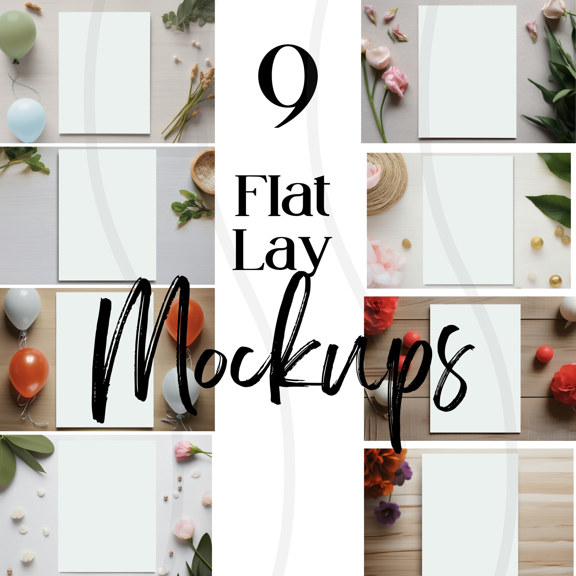 Collage of flat lay mockups with text overlay on a white background