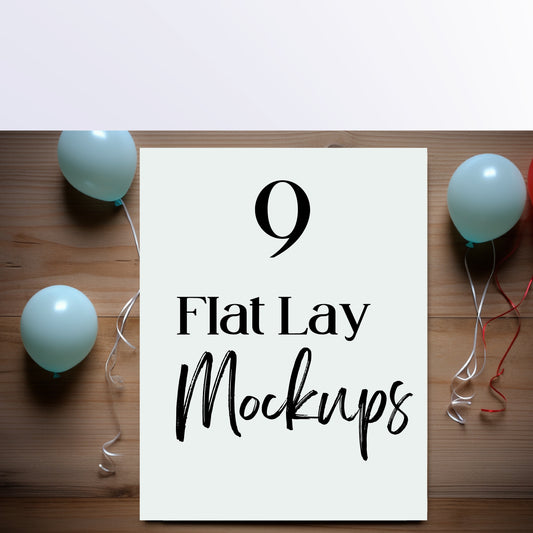 White card with '9 Flat Lay Mockups' text on a wooden surface with balloons.