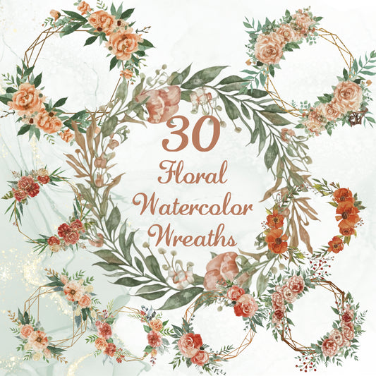 floral watercolor wreaths and text '30 Floral Watercolor Wreaths' on a light background.