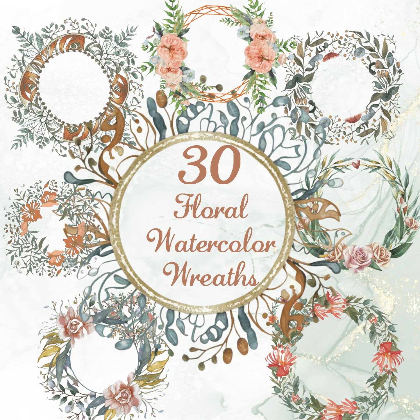floral watercolor wreaths and text '30 Floral Watercolor Wreaths' on a white background
