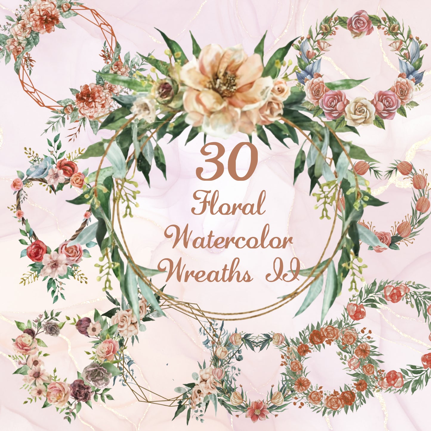 Floral watercolor wreaths design with text on a light pink background