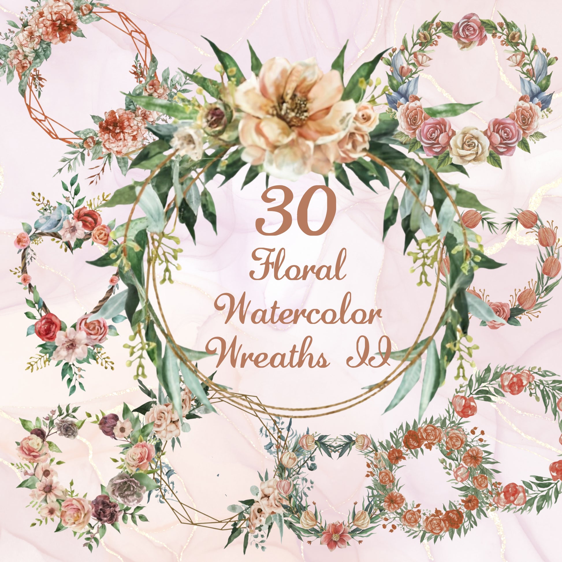 Floral watercolor wreaths design with text on a light pink background
