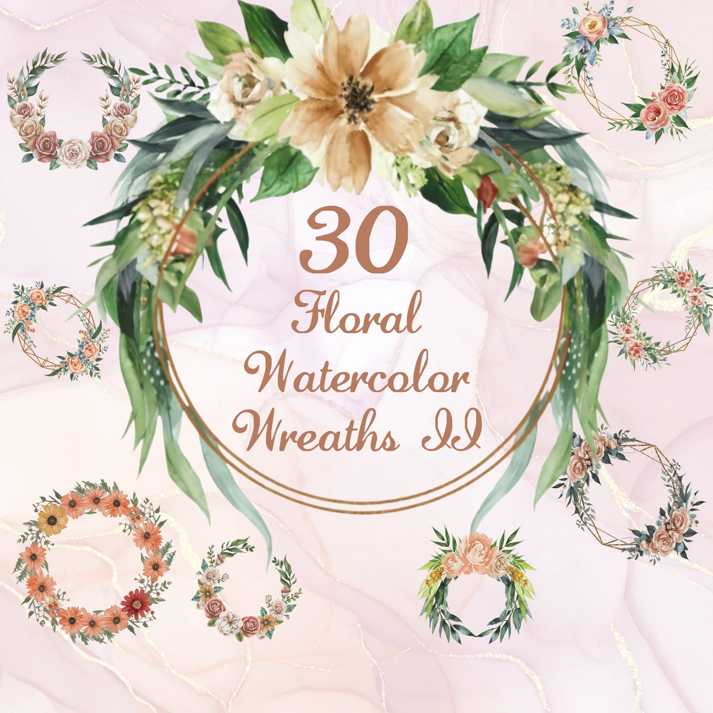 Floral watercolor wreaths with text on a light pink background
