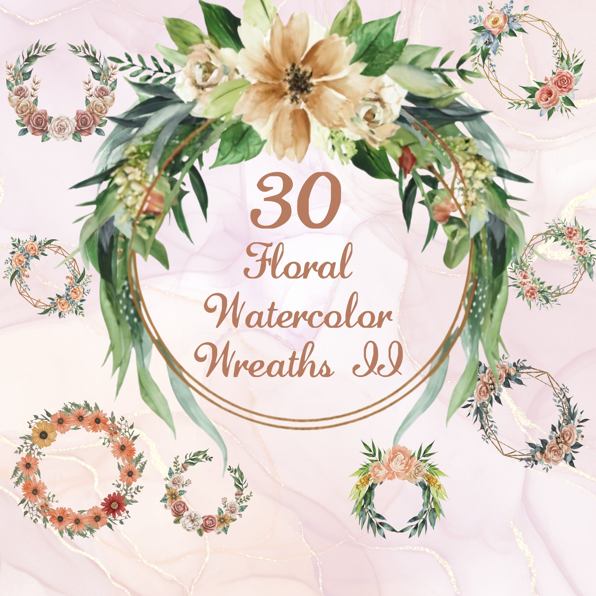 Floral watercolor wreaths with text on a light pink background