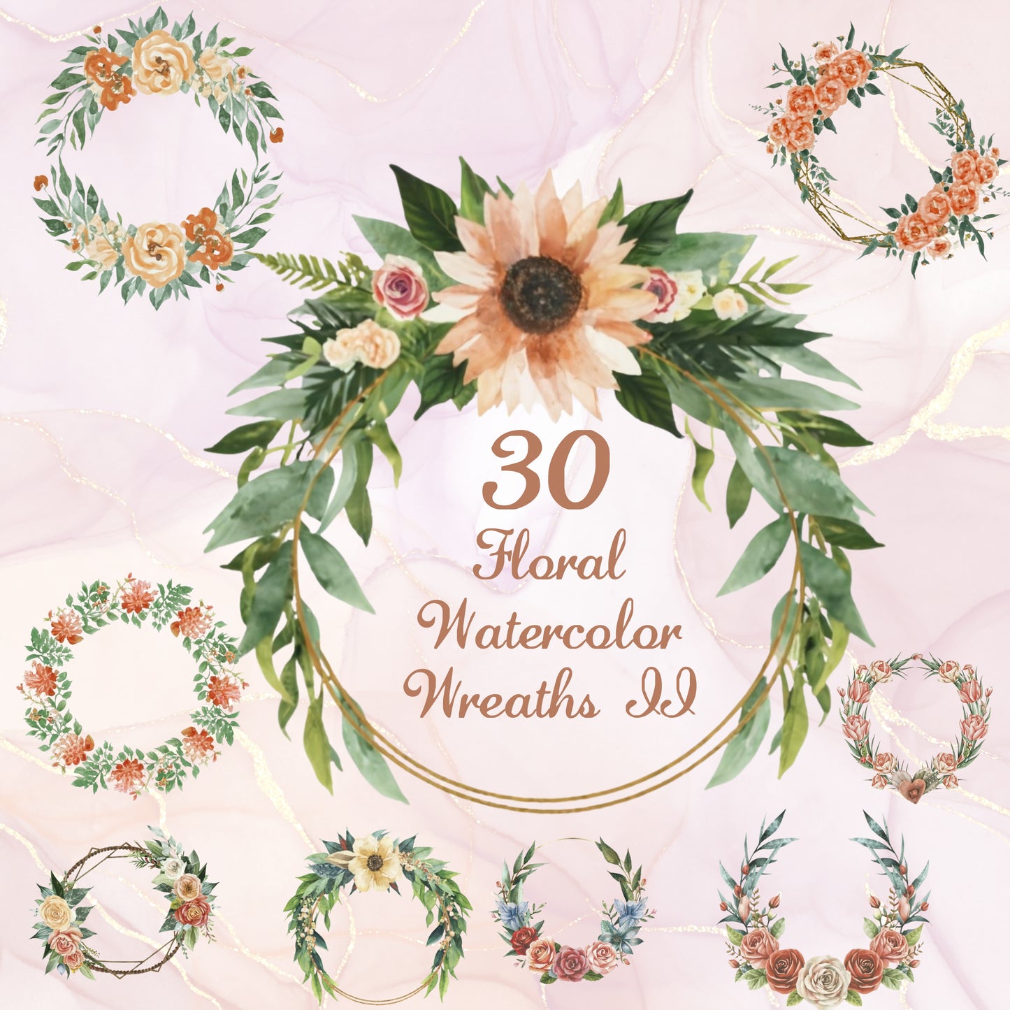 Floral watercolor wreaths on a light background with text '30 Floral Watercolor Wreaths I'd'.
