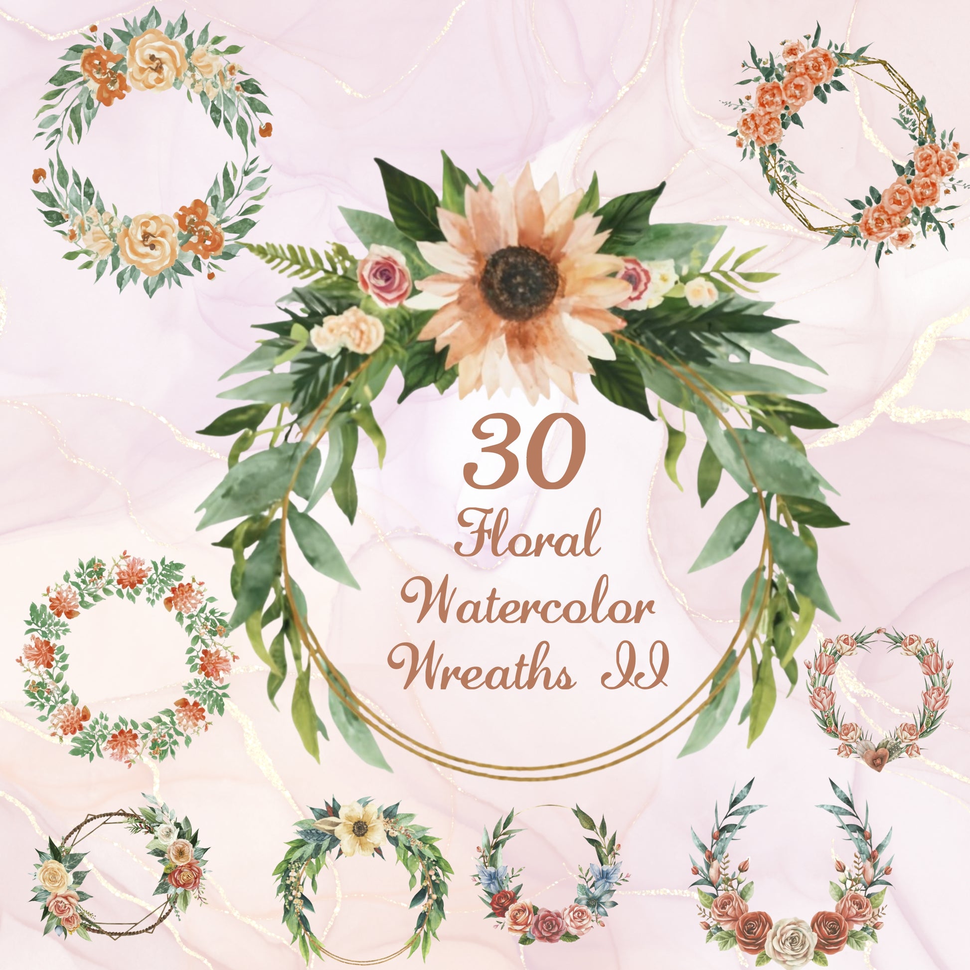 Floral watercolor wreaths on a light background with text '30 Floral Watercolor Wreaths I'd'.