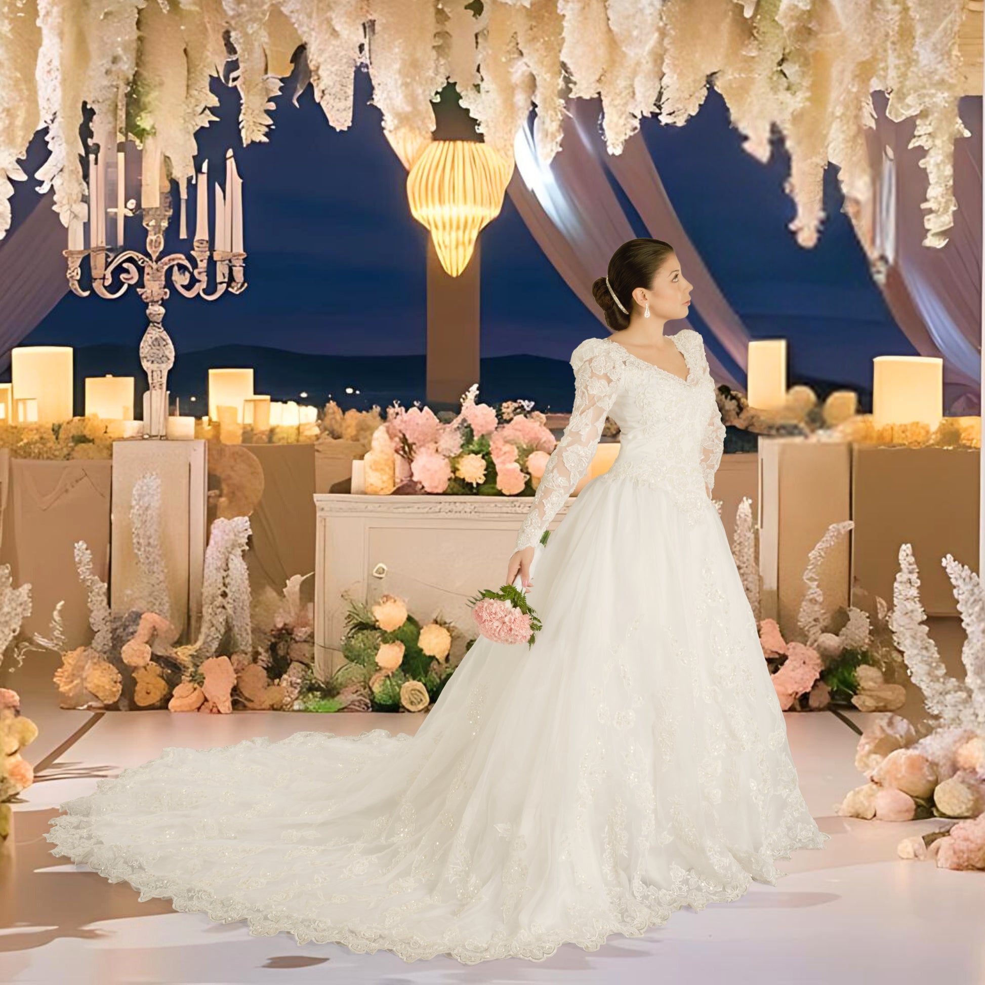 Woman in a white wedding dress standing in a decorated indoor setting with flowers and candles.