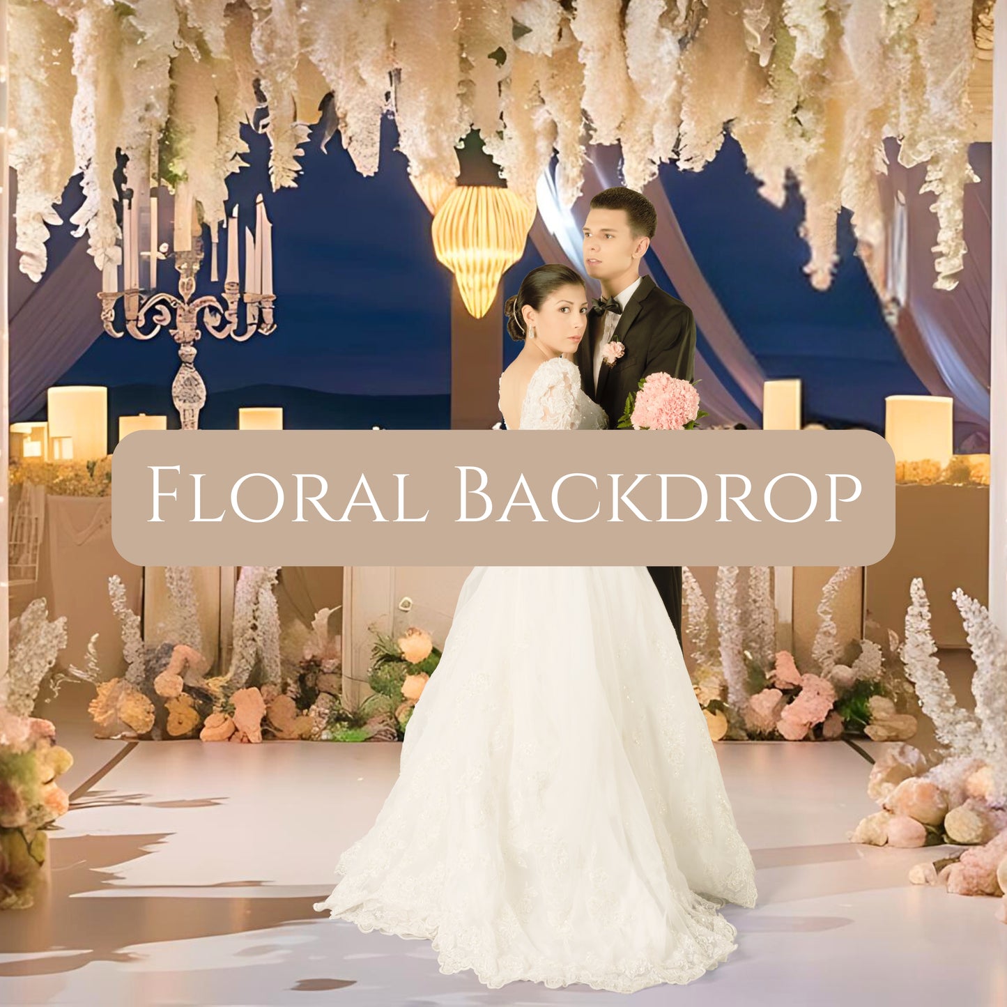 Couple standing under a floral backdrop with decorative lights and flowers.