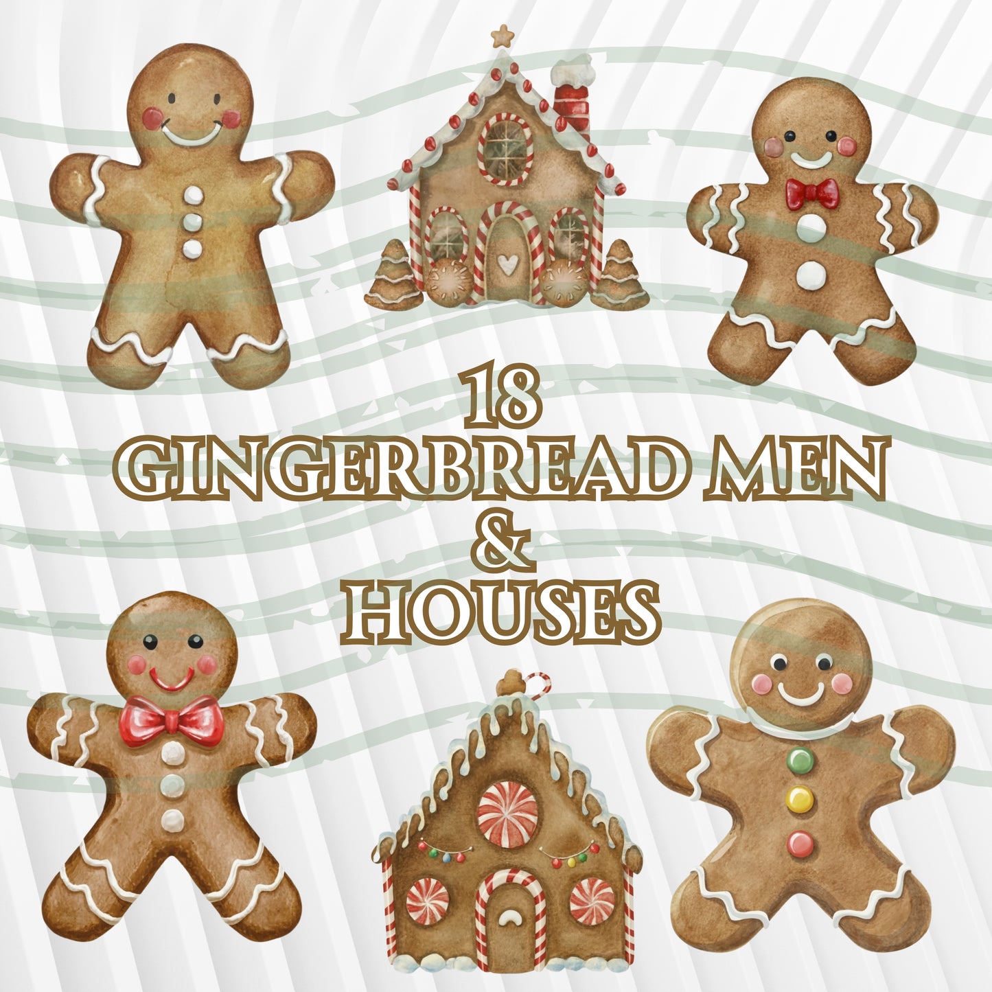 Illustrations of gingerbread men and houses on a white background with text '18 Gingerbread Men & Houses'.