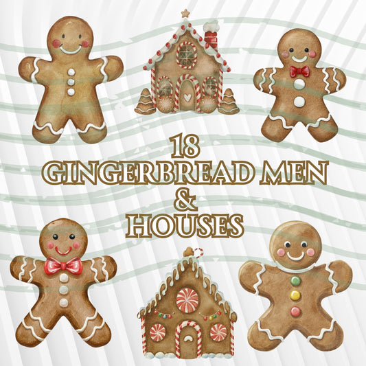 Illustrations of gingerbread men and houses on a white background with text '18 Gingerbread Men & Houses'.