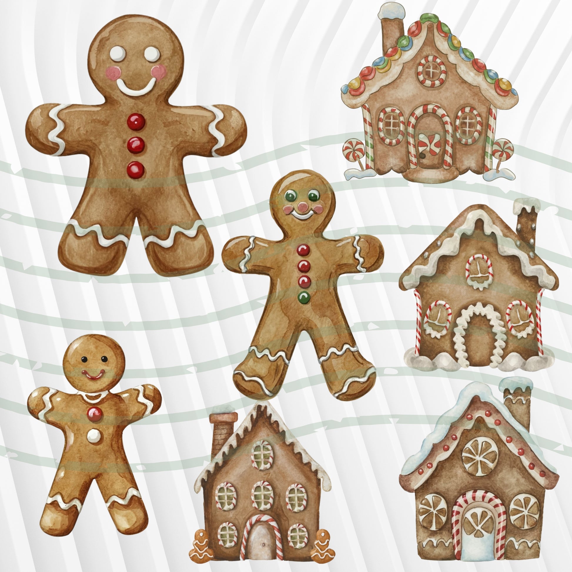 Illustrations of gingerbread men and houses on a white background