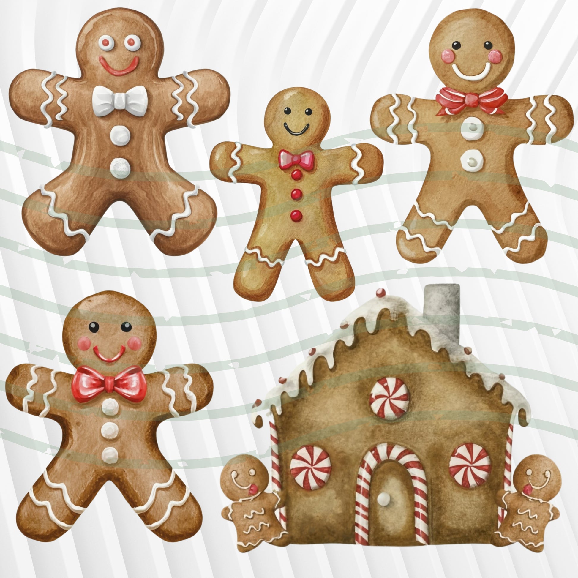 Illustration of gingerbread men and a house with candy decorations on a white background