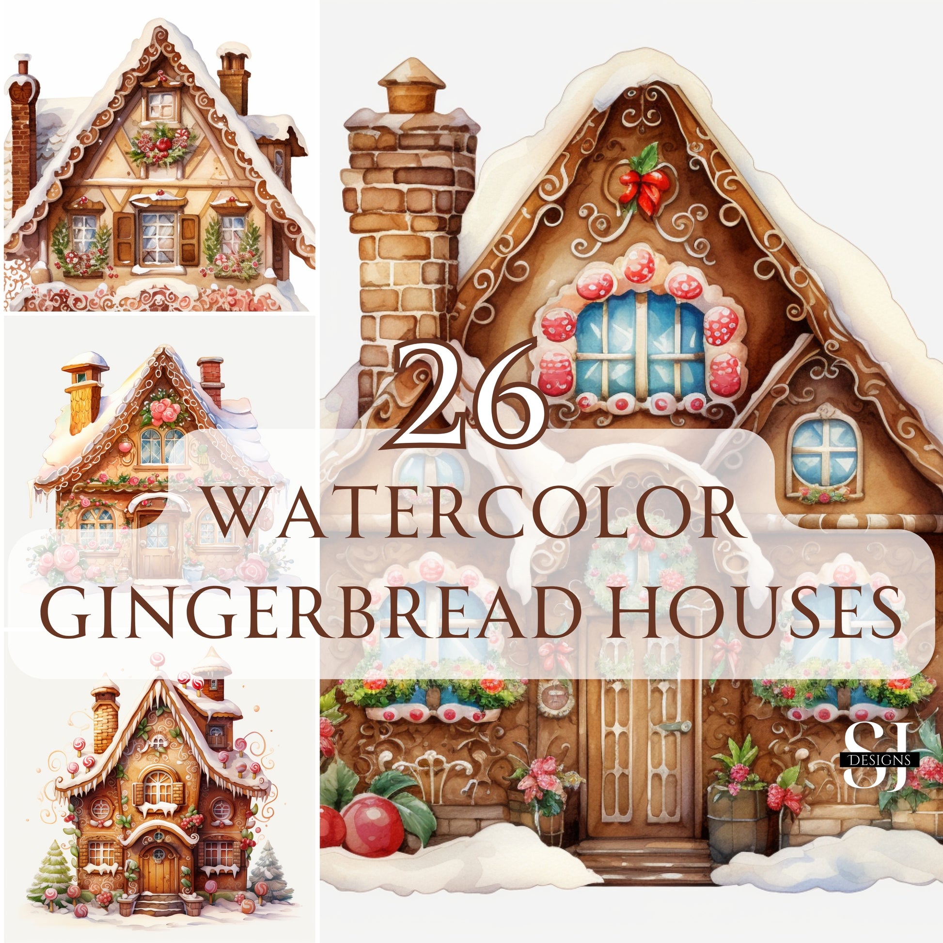 Collage of watercolor gingerbread houses with decorative elements on a white background.