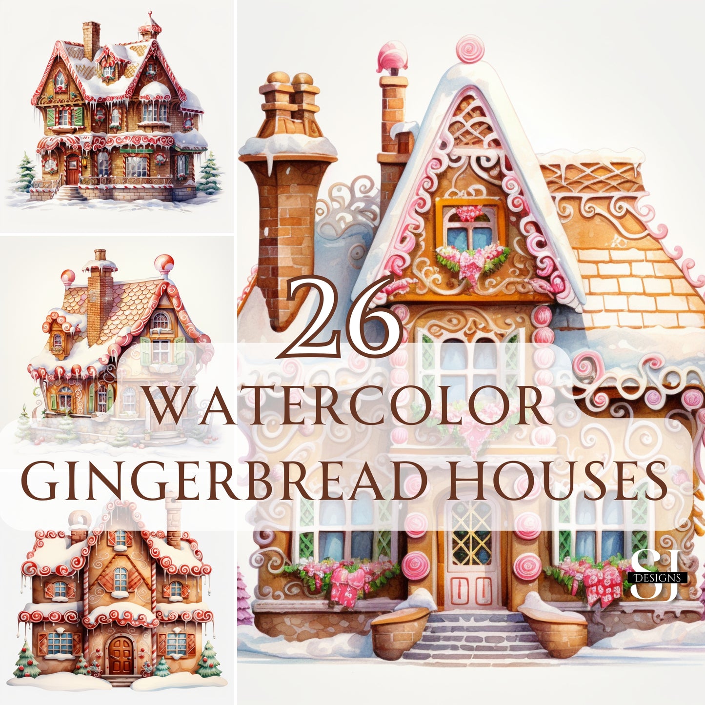 Collage of watercolor gingerbread houses with decorative elements on a white background.