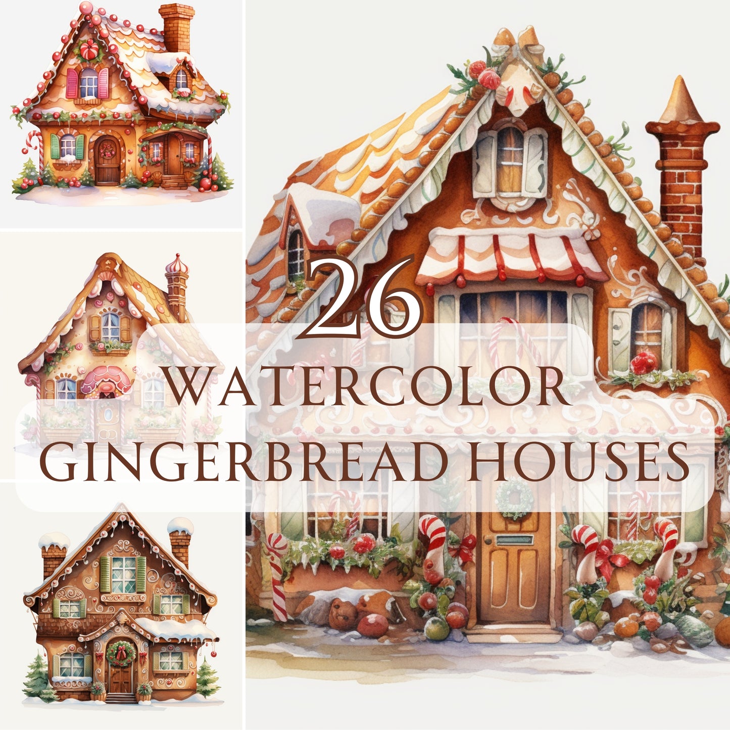 Collage of watercolor gingerbread houses with decorative elements on a white background.