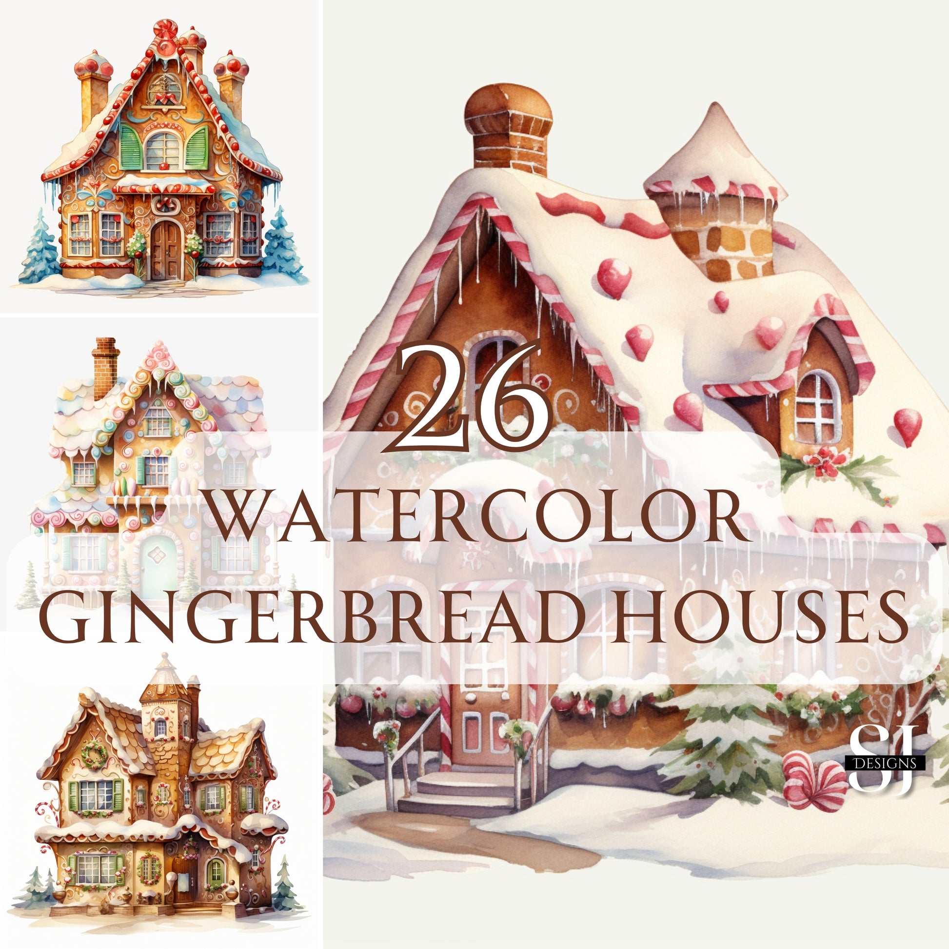 Collage of watercolor gingerbread houses with text overlay on a white background
