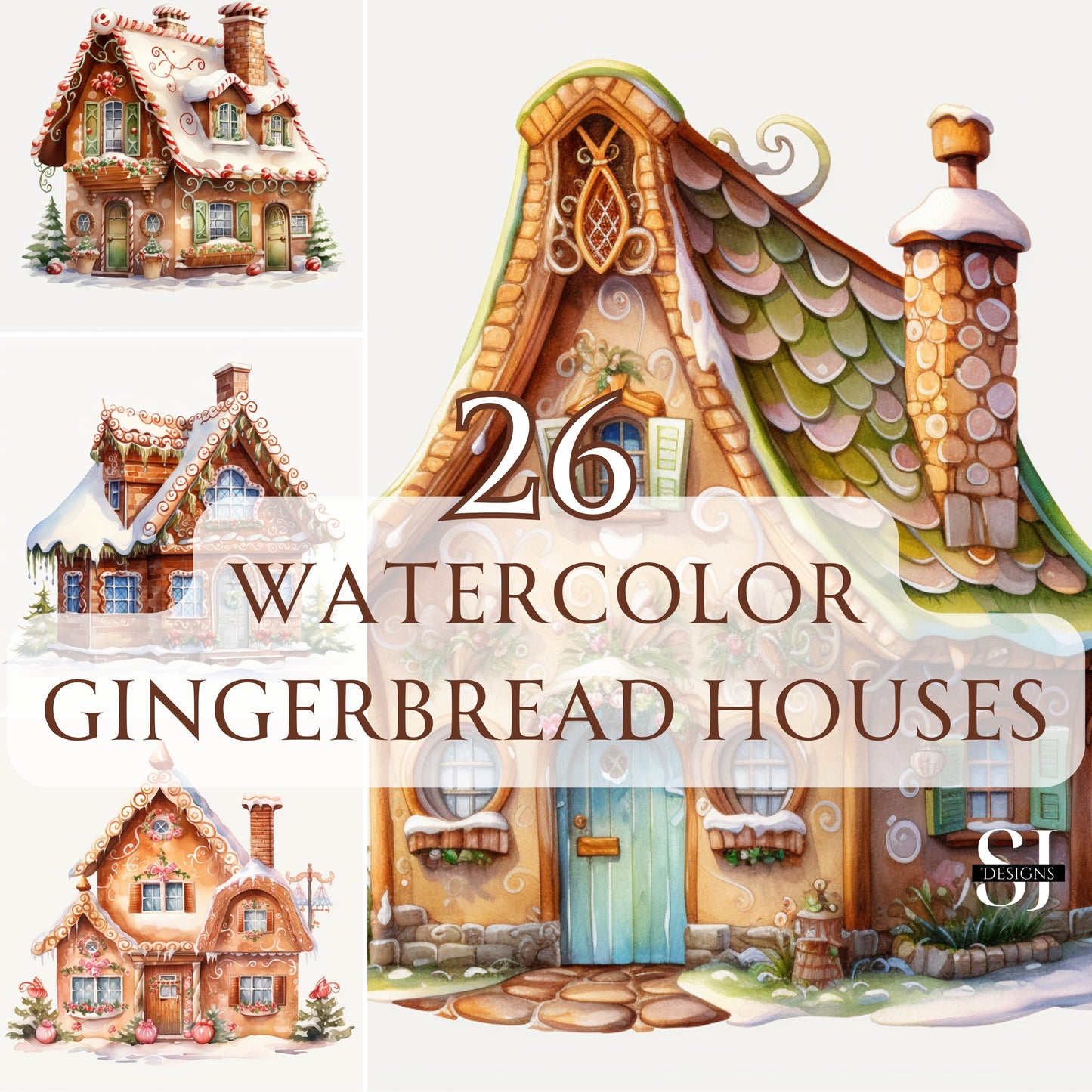 Collage of watercolor gingerbread houses with text overlay on a white background