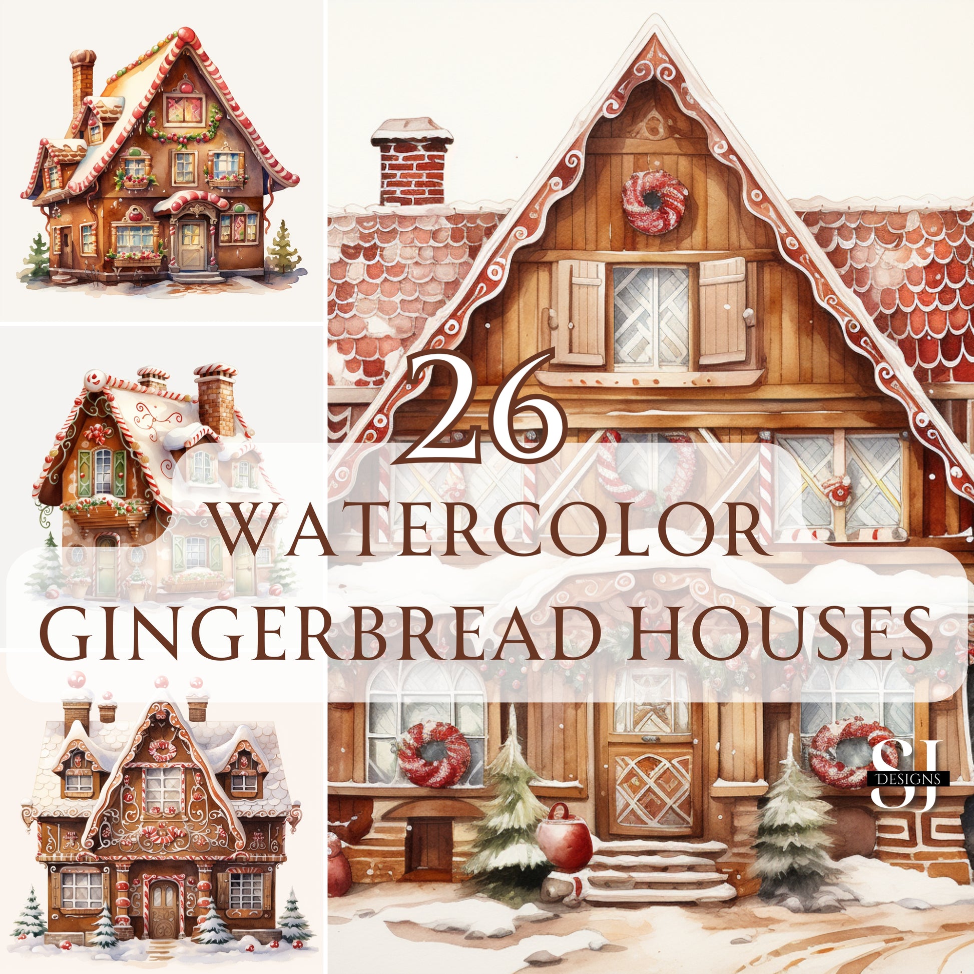 Collage of watercolor gingerbread houses with decorative elements on a white background.