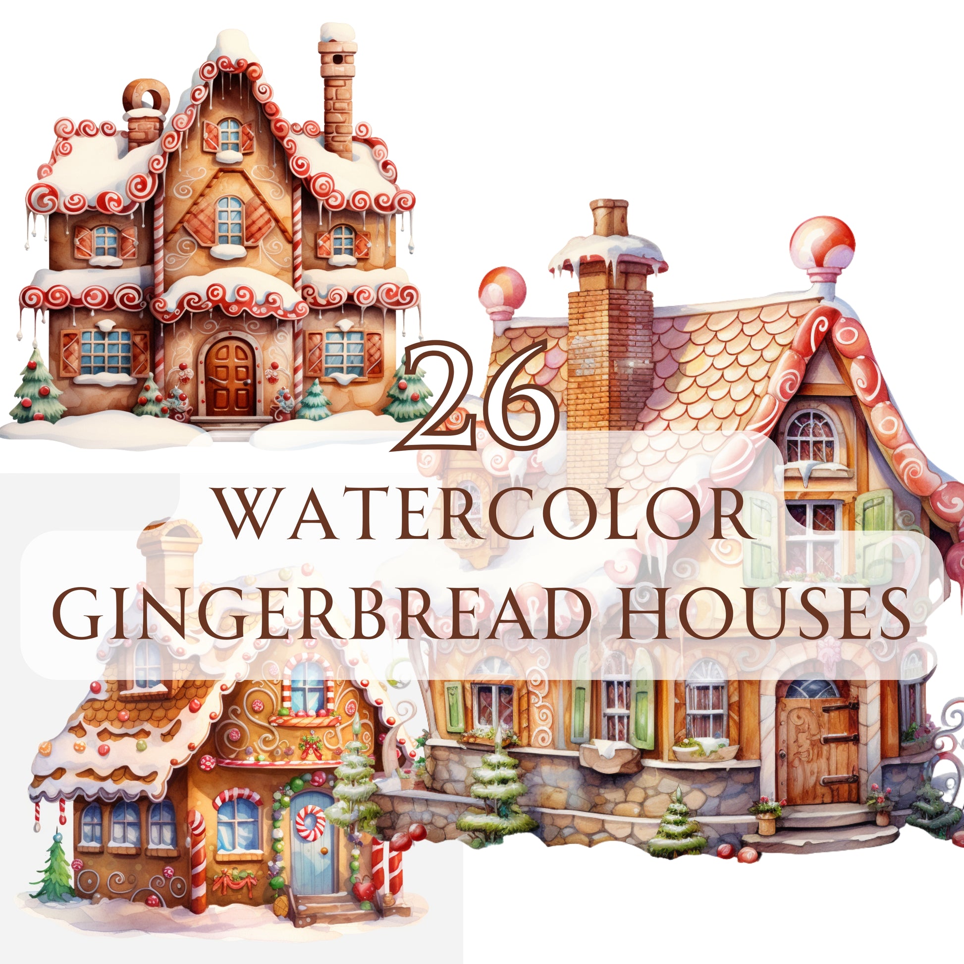 Three watercolor gingerbread houses with decorative elements on a white background.