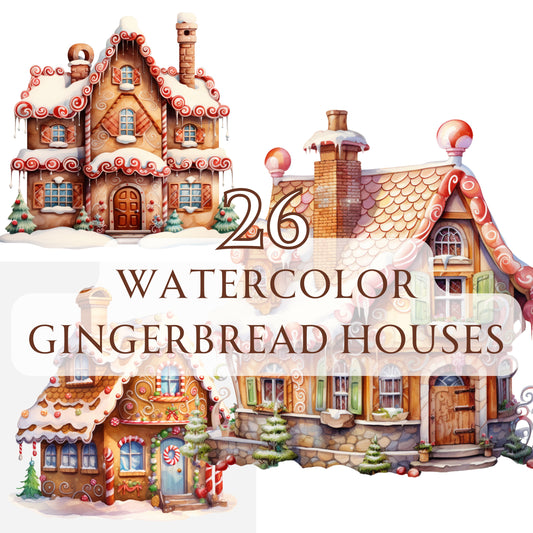 Three watercolor gingerbread houses with decorative elements on a white background.