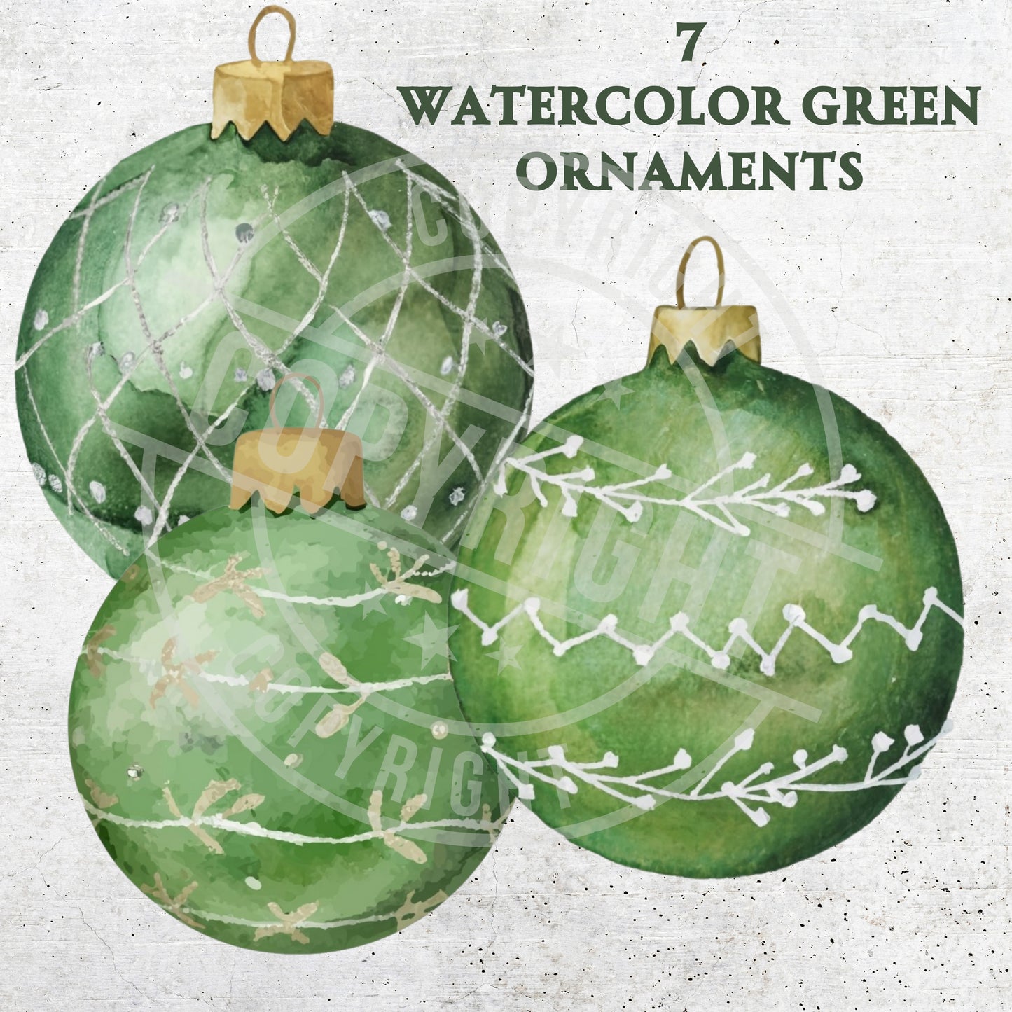 Three watercolor green Christmas ornaments with white details on a textured beige background.