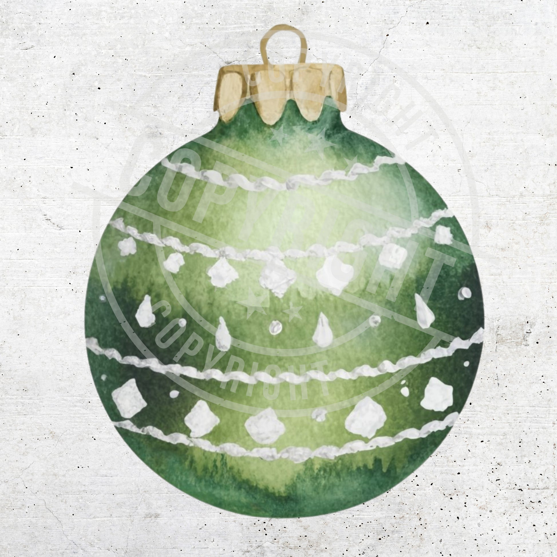 Green Christmas ornament with white snowflake pattern on a textured white background