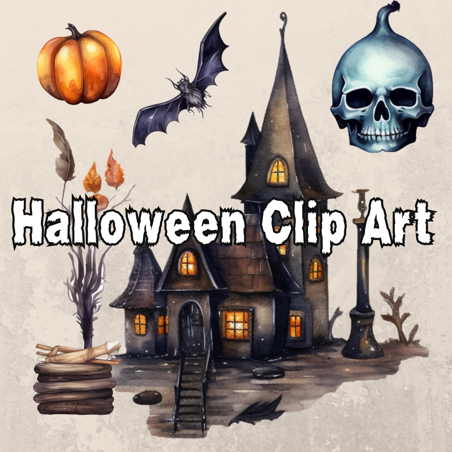 Halloween-themed clip art with a haunted house, pumpkin, bat, and skull on a beige background.