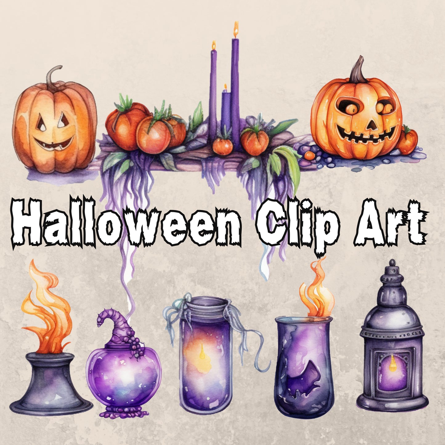 Halloween-themed clip art with pumpkins, candles, and jars on a textured background.