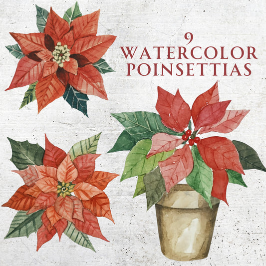 Three watercolor poinsettias with a textured background and text '9 Watercolor Poinsettias'.